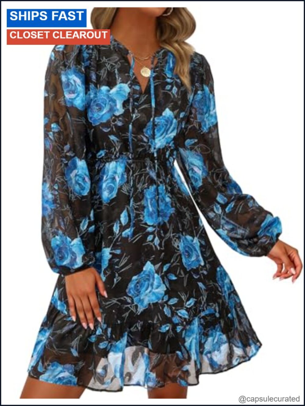 Boho Floral Long Sleeve V Neck Mini Flowy Dress with Pockets